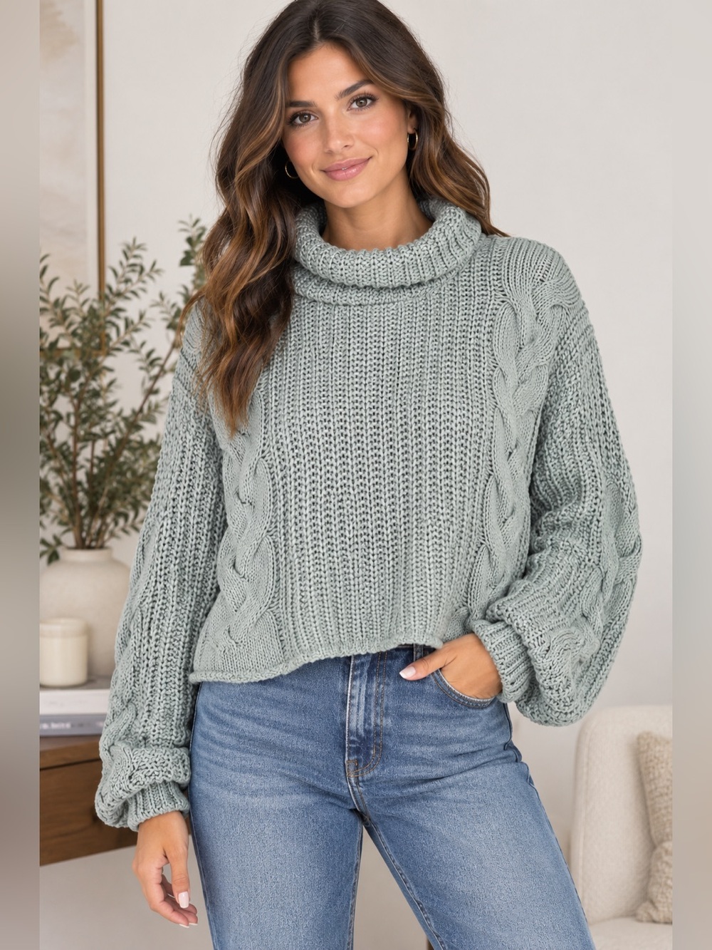 525 America Chunky Cable Turtleneck Sweater in Sky Blue